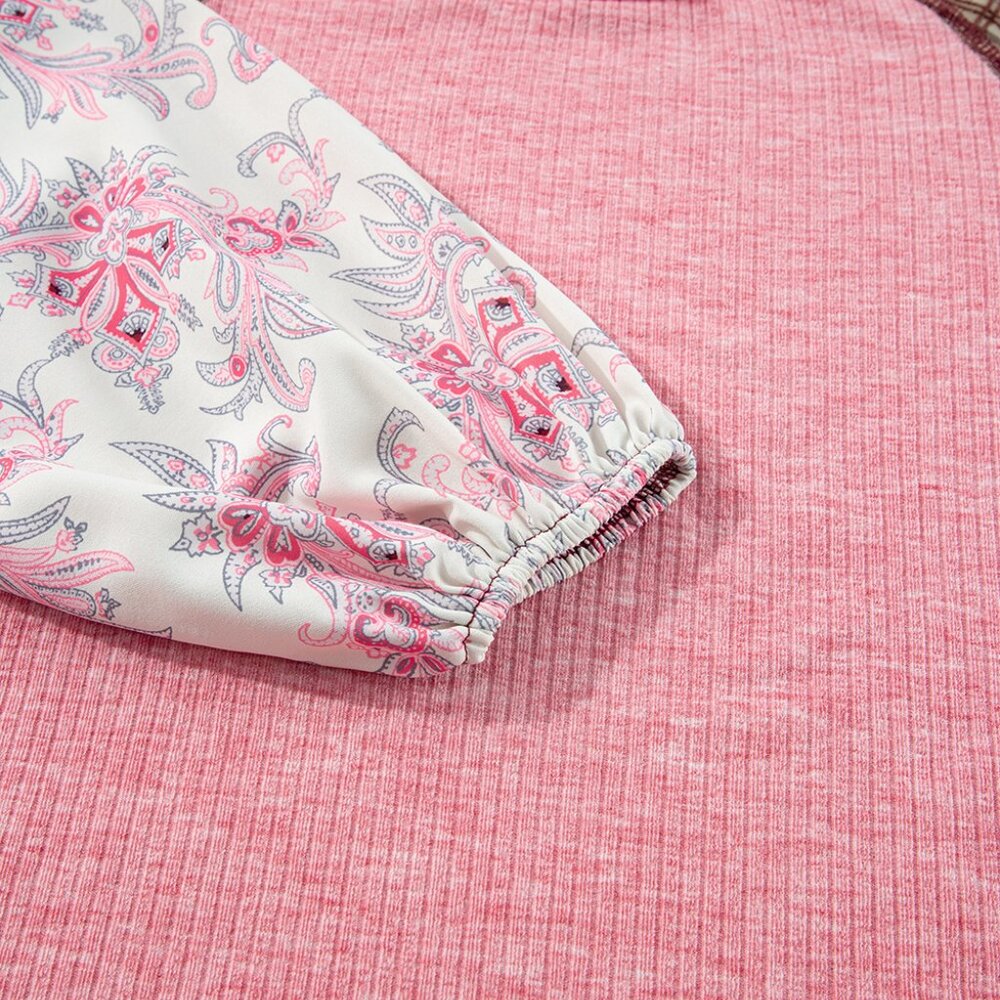 B217 Fushia Floral Plaid Mixed Print Patchwork Raglan Ribbed Top - Picture 5 of 5